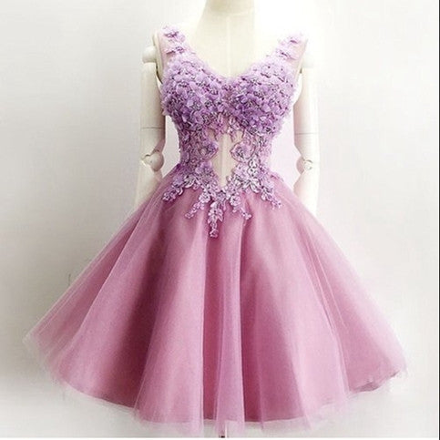 Homecoming Dress V-neck Appliques Lilac Short Prom Dress Party Dress） Homecoming Dress BabaMila
