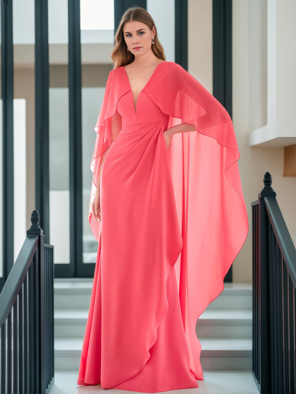 A-Line/Princess V-neck Long Sleeves Coral Floor-length Evening Dresses with Cape shape BabaMila