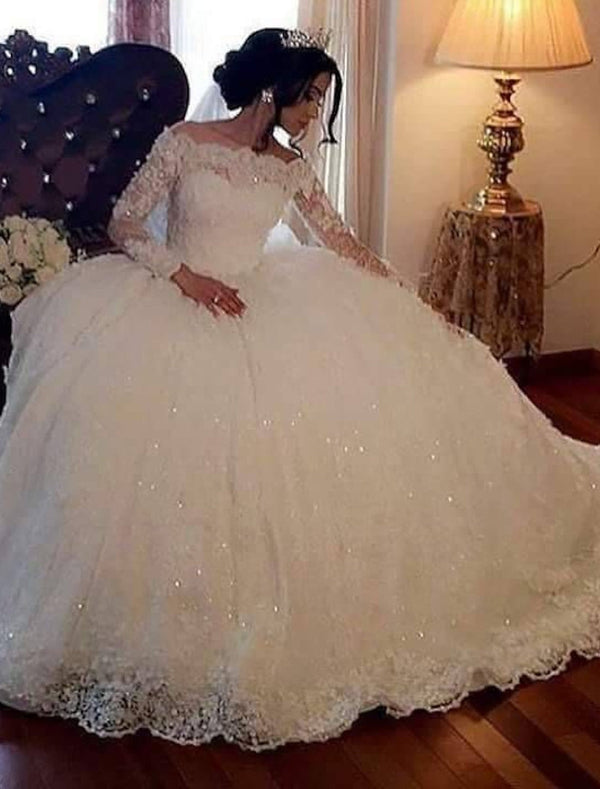 Ball Gown Long Sleeve Off-the-Shoulder Floor-length Lace Wedding Dress BabaMila