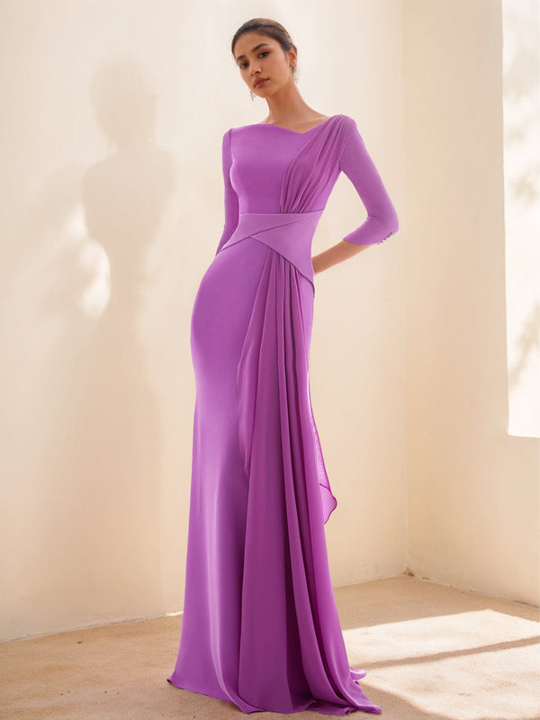 Sheath/Column Closed neck 3/4 Length Sleeves Floor-length Prom Evening Dresses With Ruffles BabaMila