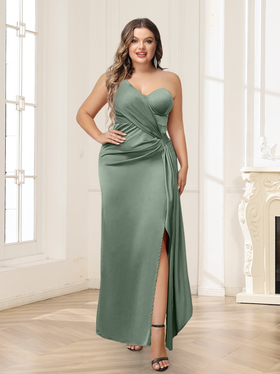 Sheath/Column One-Shoulder Ankle-Length Plus Size Bridesmaid Dresses With Split Side BabaMila