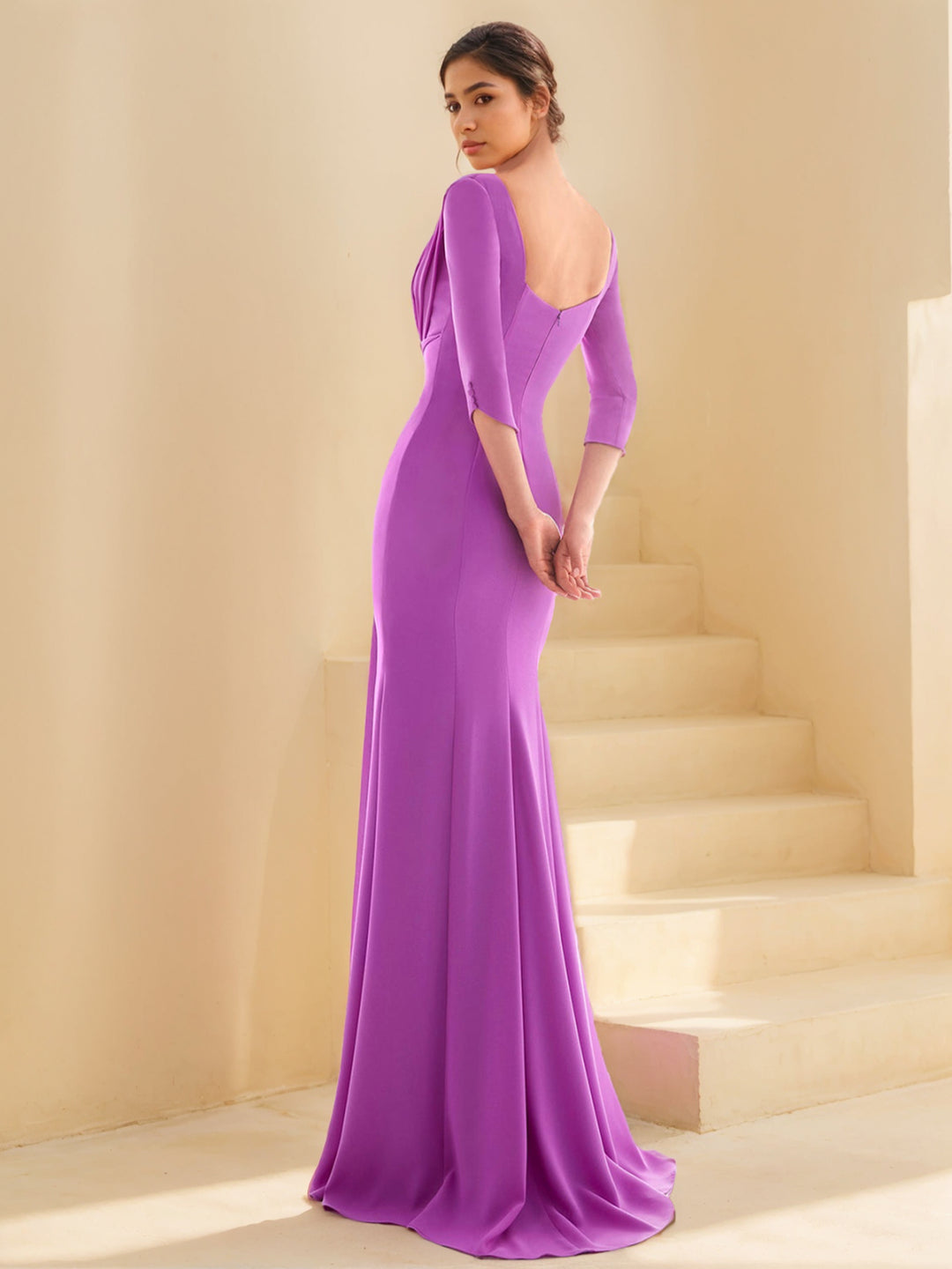 Sheath/Column Closed neck 3/4 Length Sleeves Floor-length Prom Evening Dresses With Ruffles BabaMila