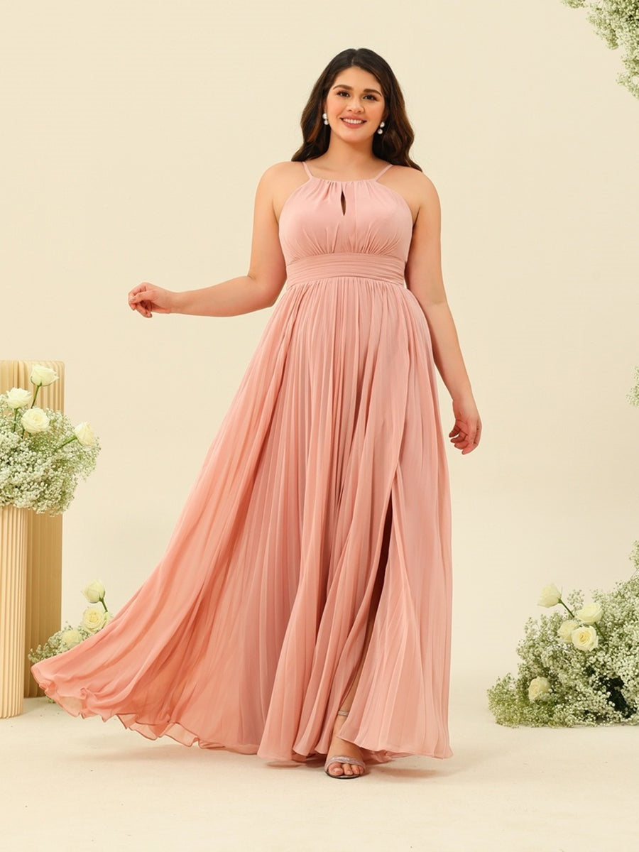 A-Line/Princess Halter Plus Size Long Bridesmaid Dresses with Split Side & Ruffles BabaMila