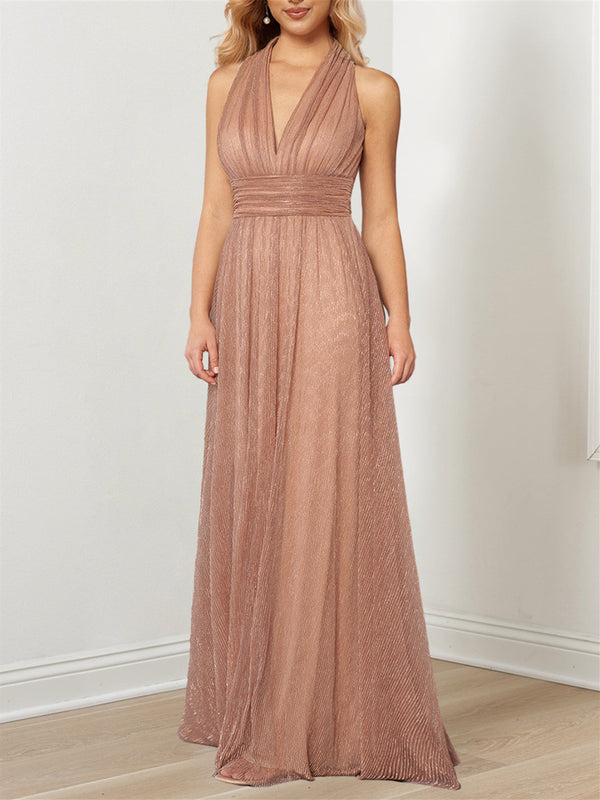 A-Line/Princess Plunging V Metallic Halter Floor-Length Mother Of The Bride Dresses BabaMila