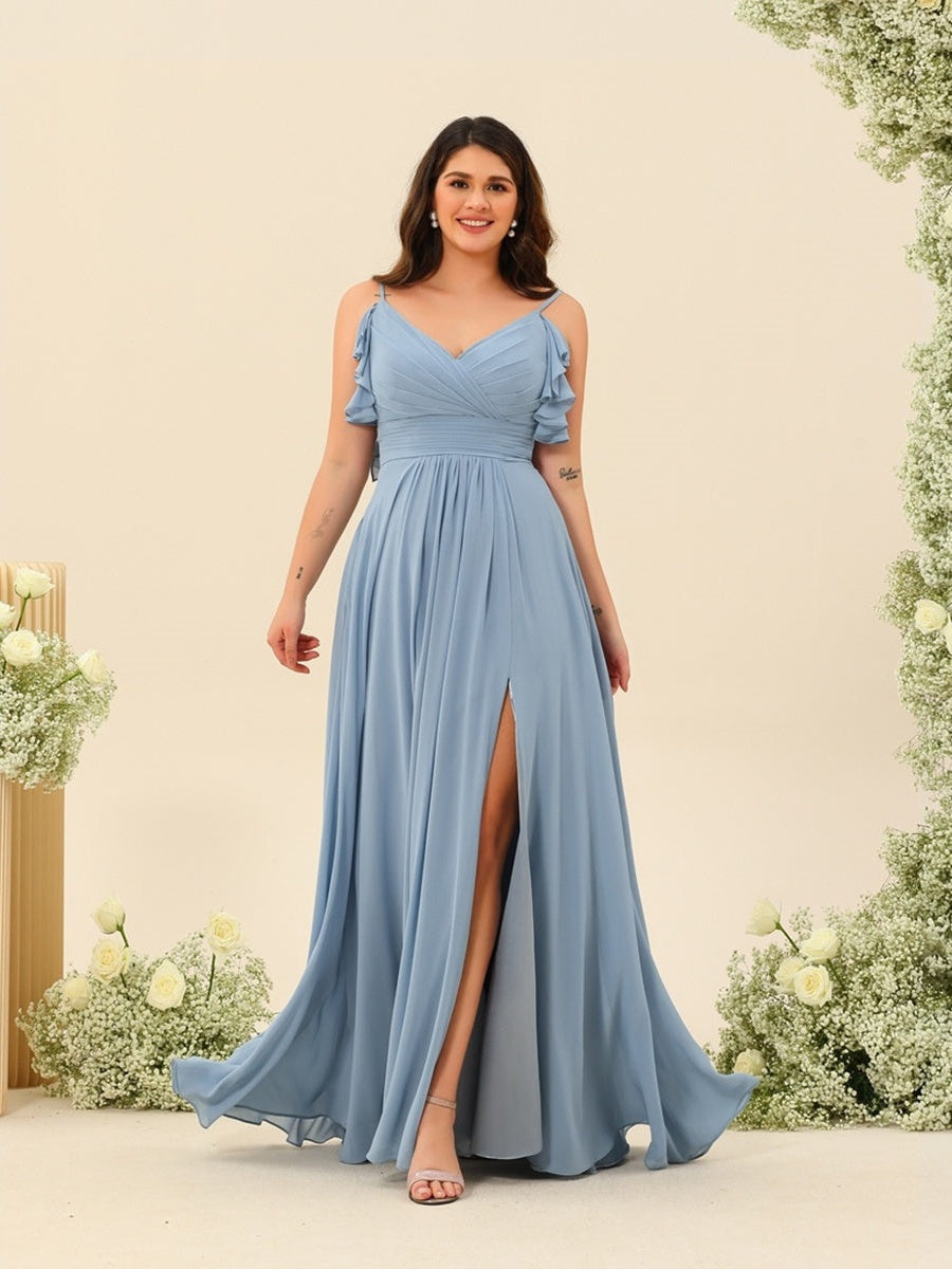 A-Line/Princess Spaghetti Straps Plus Size Ruched Long Bridesmaid Dresses with Split Side BabaMila