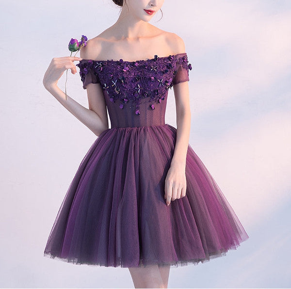 Homecoming Dress Purple Off-the-shoulder Short Prom Dress Party Dress Homecoming Dress BabaMila