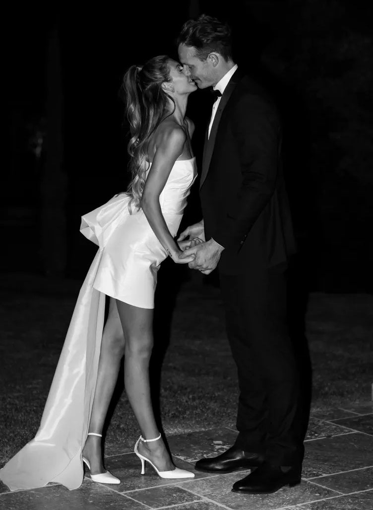 Sheath/Column Silk Satin Straight-Across Strapless Mini Wedding Dress With Watteau Train BabaMila