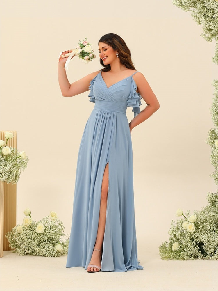 A-Line/Princess Spaghetti Straps Plus Size Ruched Long Bridesmaid Dresses with Split Side BabaMila