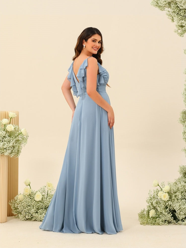 A-Line/Princess Spaghetti Straps Plus Size Ruched Long Bridesmaid Dresses with Split Side BabaMila