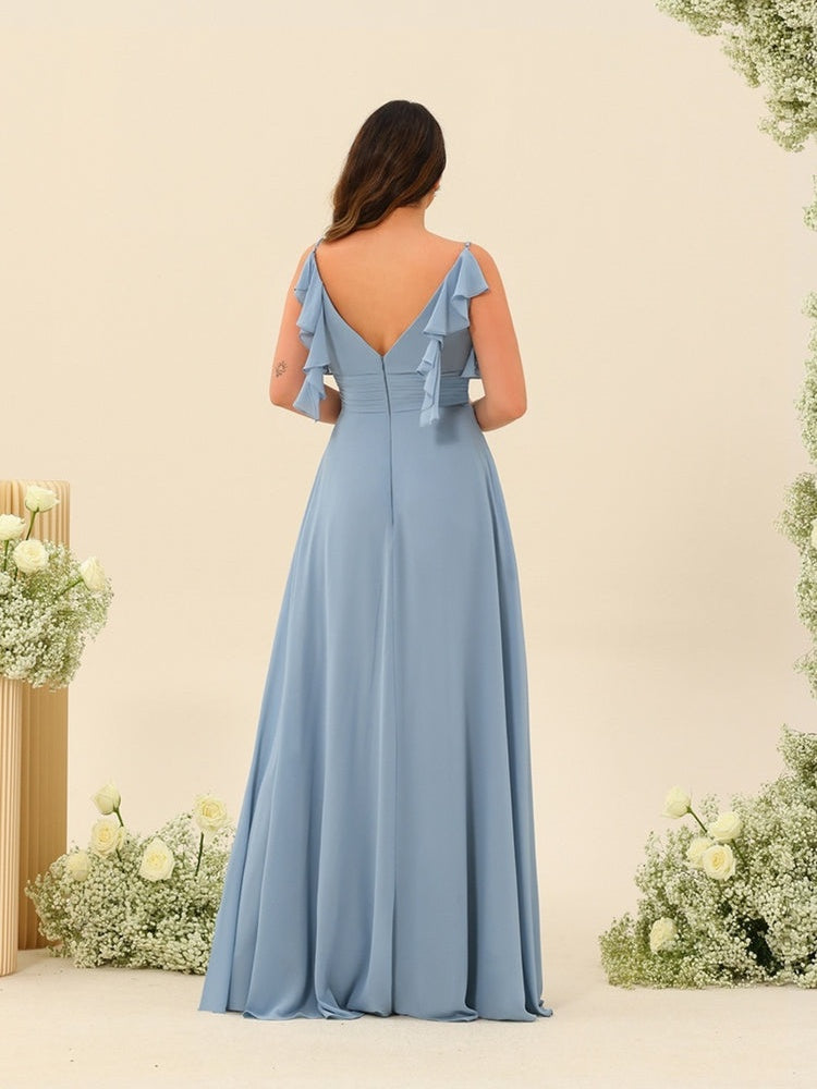 A-Line/Princess Spaghetti Straps Plus Size Ruched Long Bridesmaid Dresses with Split Side BabaMila