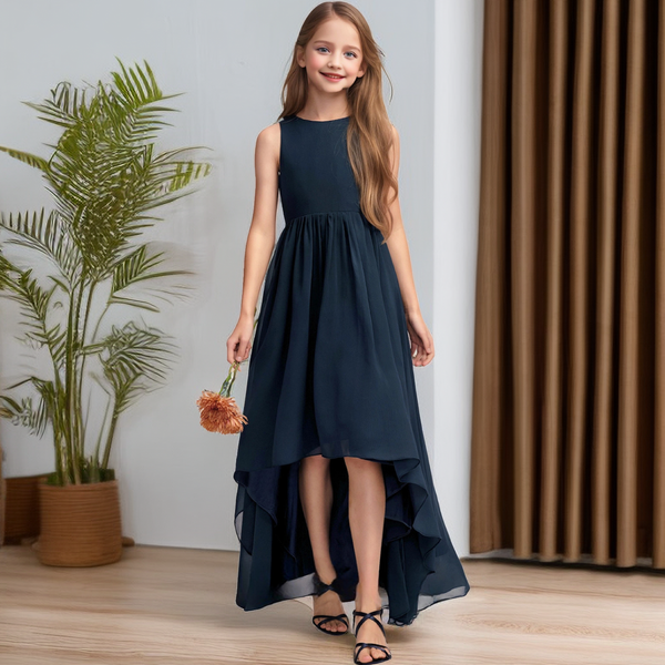 Asymmetrical Boat Neck Sleeveless Chiffon Junior Bridesmaid Dress/Girls Birthday Dresses With Pleated Girls Gidiondress as picture 12M
