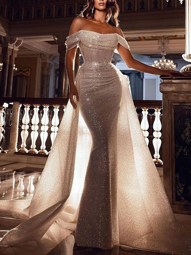 Trumpet/Mermaid Cowl Neck Off-the-Shoulder Sequined Lace Floor-length Prom Dresses With Court Train BabaMila