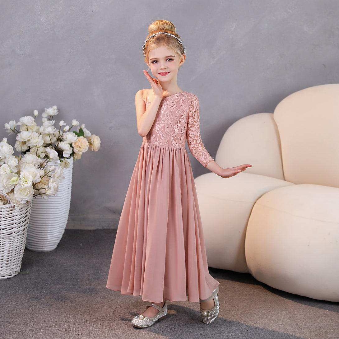 Girls Birthday Dresses One-Shoulder Long Sleeve Lace/Chiffon Floor-Length Junior Bridesmaid Dress/Party Dresses With Lace/Pleated Gidiondress as picture 12M