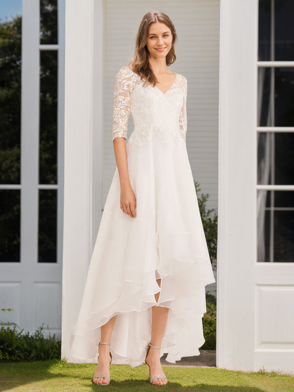A-Line/Princess V-Neck Half Sleeves Asymmetrical Wedding Dress with Appliques BabaMila
