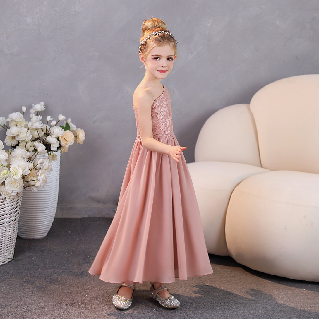 Girls Birthday Dresses One-Shoulder Long Sleeve Lace/Chiffon Floor-Length Junior Bridesmaid Dress/Party Dresses With Lace/Pleated Gidiondress