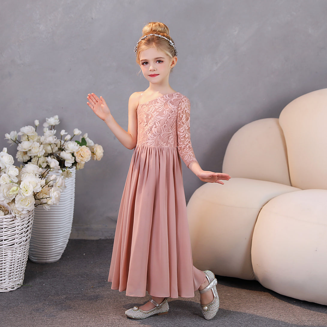 Girls Birthday Dresses One-Shoulder Long Sleeve Lace/Chiffon Floor-Length Junior Bridesmaid Dress/Party Dresses With Lace/Pleated Gidiondress