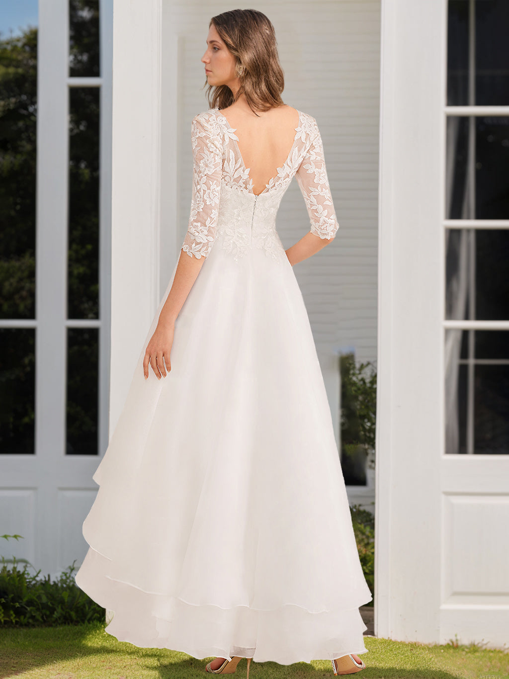 A-Line/Princess V-Neck Half Sleeves Asymmetrical Wedding Dress with Appliques BabaMila