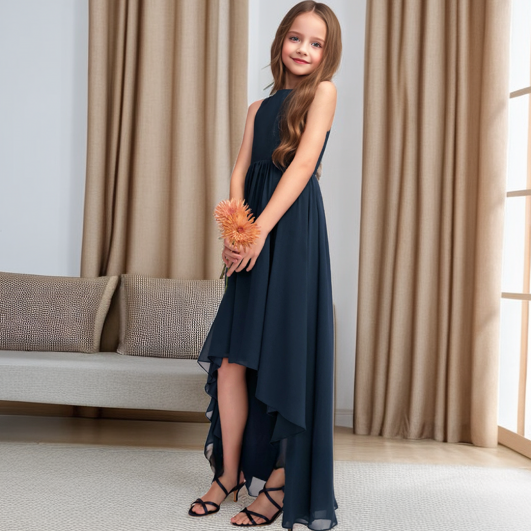 Asymmetrical Boat Neck Sleeveless Chiffon Junior Bridesmaid Dress/Girls Birthday Dresses With Pleated Girls Gidiondress