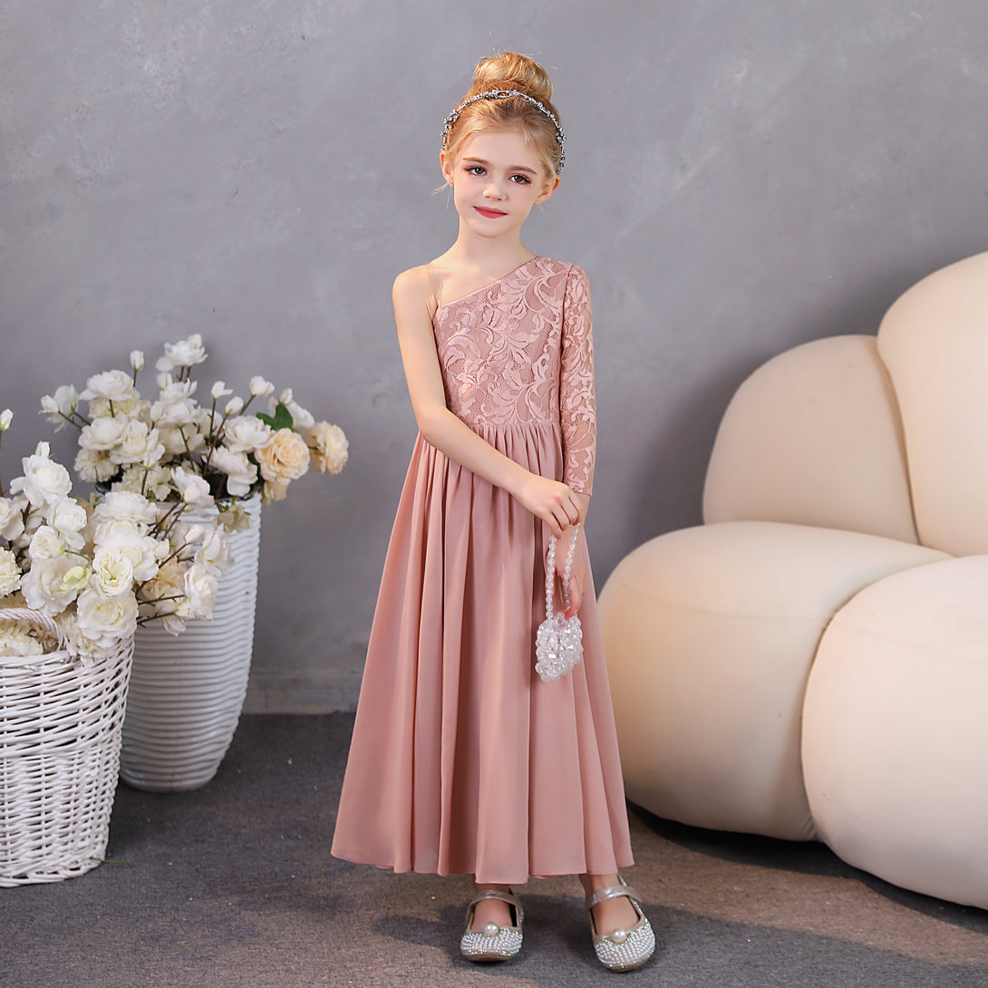 Girls Birthday Dresses One-Shoulder Long Sleeve Lace/Chiffon Floor-Length Junior Bridesmaid Dress/Party Dresses With Lace/Pleated Gidiondress