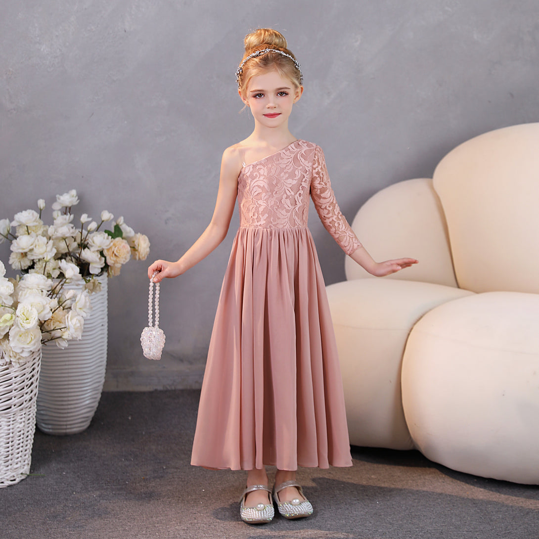 Girls Birthday Dresses One-Shoulder Long Sleeve Lace/Chiffon Floor-Length Junior Bridesmaid Dress/Party Dresses With Lace/Pleated Gidiondress
