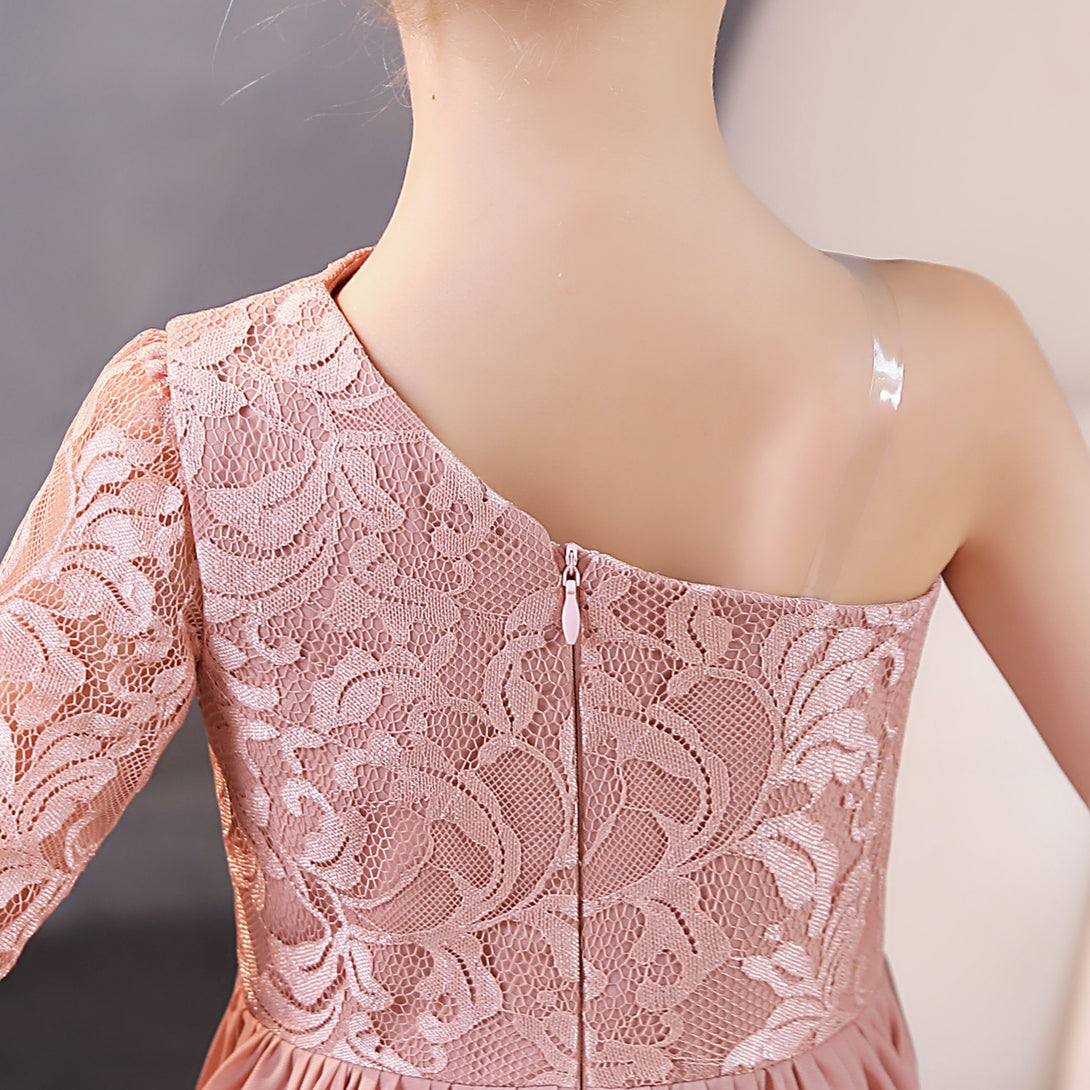 Girls Birthday Dresses One-Shoulder Long Sleeve Lace/Chiffon Floor-Length Junior Bridesmaid Dress/Party Dresses With Lace/Pleated Gidiondress