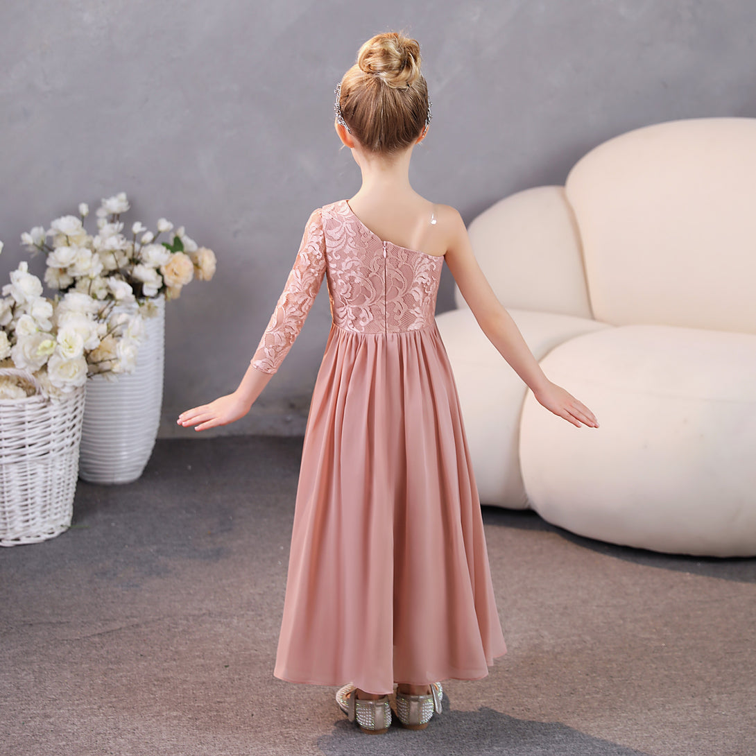 Girls Birthday Dresses One-Shoulder Long Sleeve Lace/Chiffon Floor-Length Junior Bridesmaid Dress/Party Dresses With Lace/Pleated Gidiondress