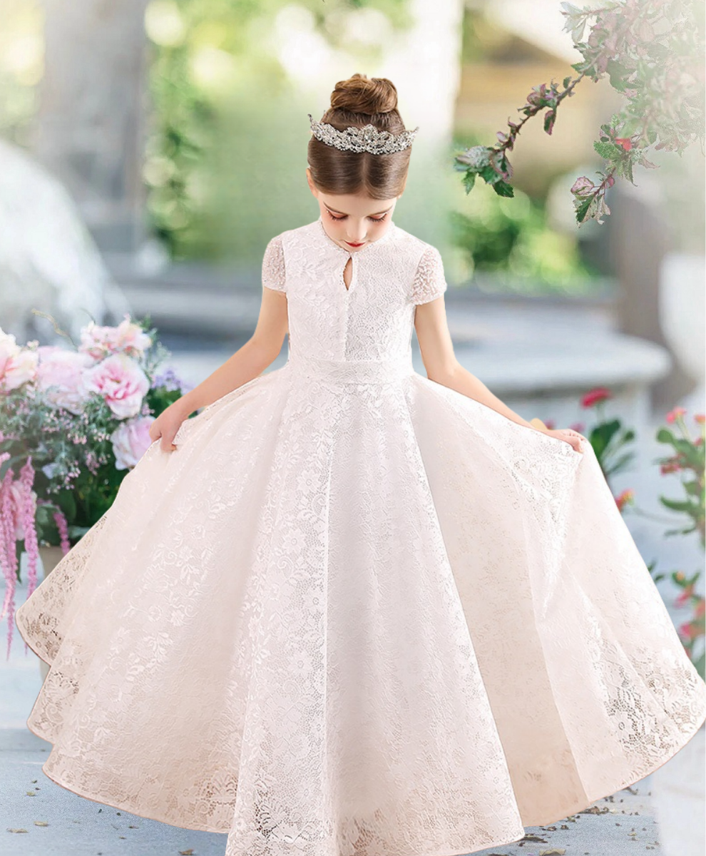First Communion Dresses Scoop Neck Short Sleeve Floor-Length Lace/Satin Flower Girl Dresses With Bow Girls Gidiondress