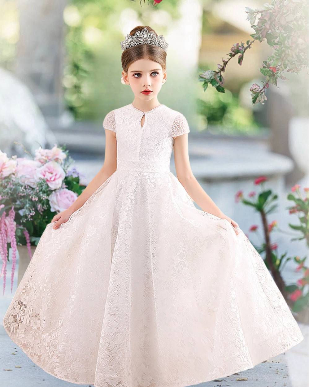 First Communion Dresses Scoop Neck Short Sleeve Floor-Length Lace/Satin Flower Girl Dresses With Bow Girls Gidiondress