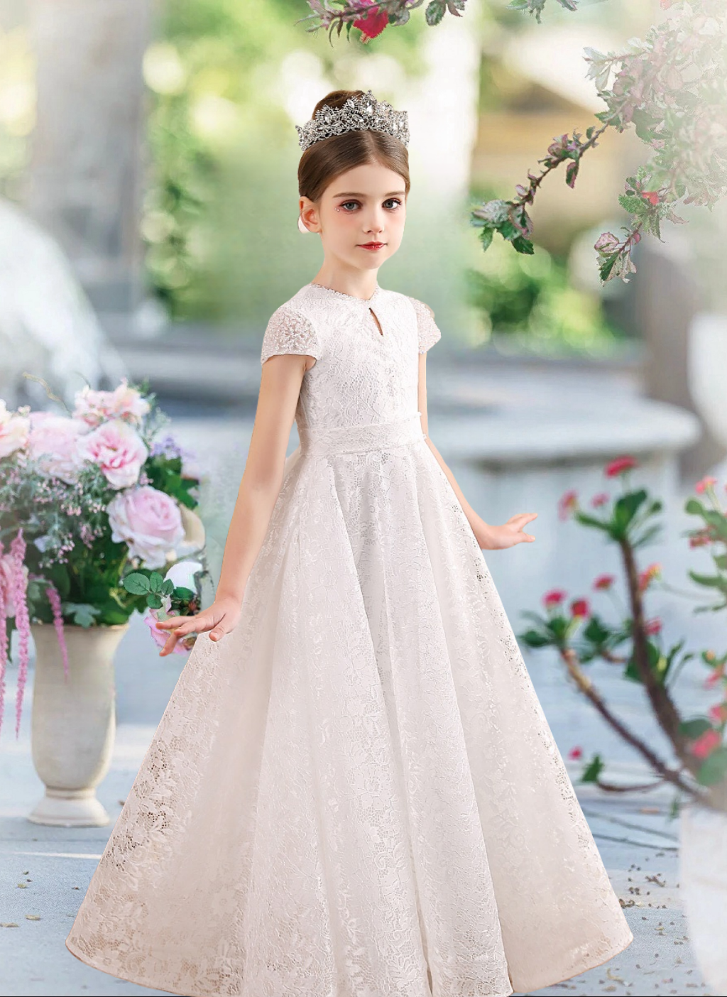 First Communion Dresses Scoop Neck Short Sleeve Floor-Length Lace/Satin Flower Girl Dresses With Bow Girls Gidiondress