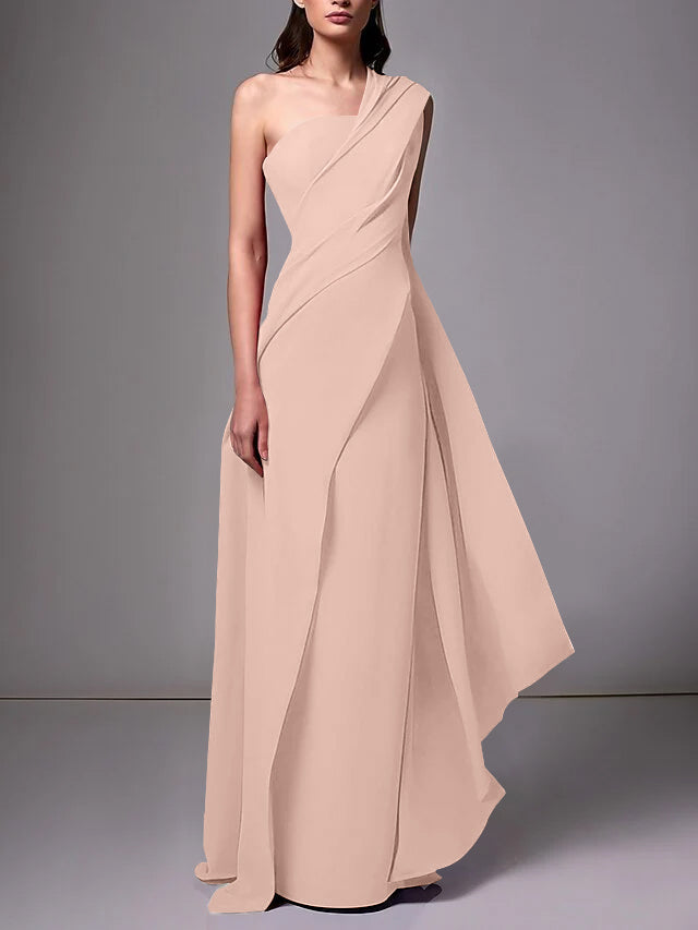Sheath/Column One-Shoulder Sleeveless Evening Dresses With Pleats Ruched BabaMila
