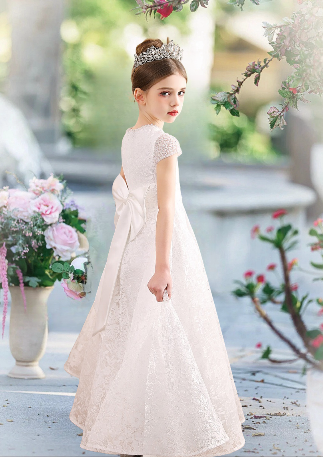 First Communion Dresses Scoop Neck Short Sleeve Floor-Length Lace/Satin Flower Girl Dresses With Bow Girls Gidiondress