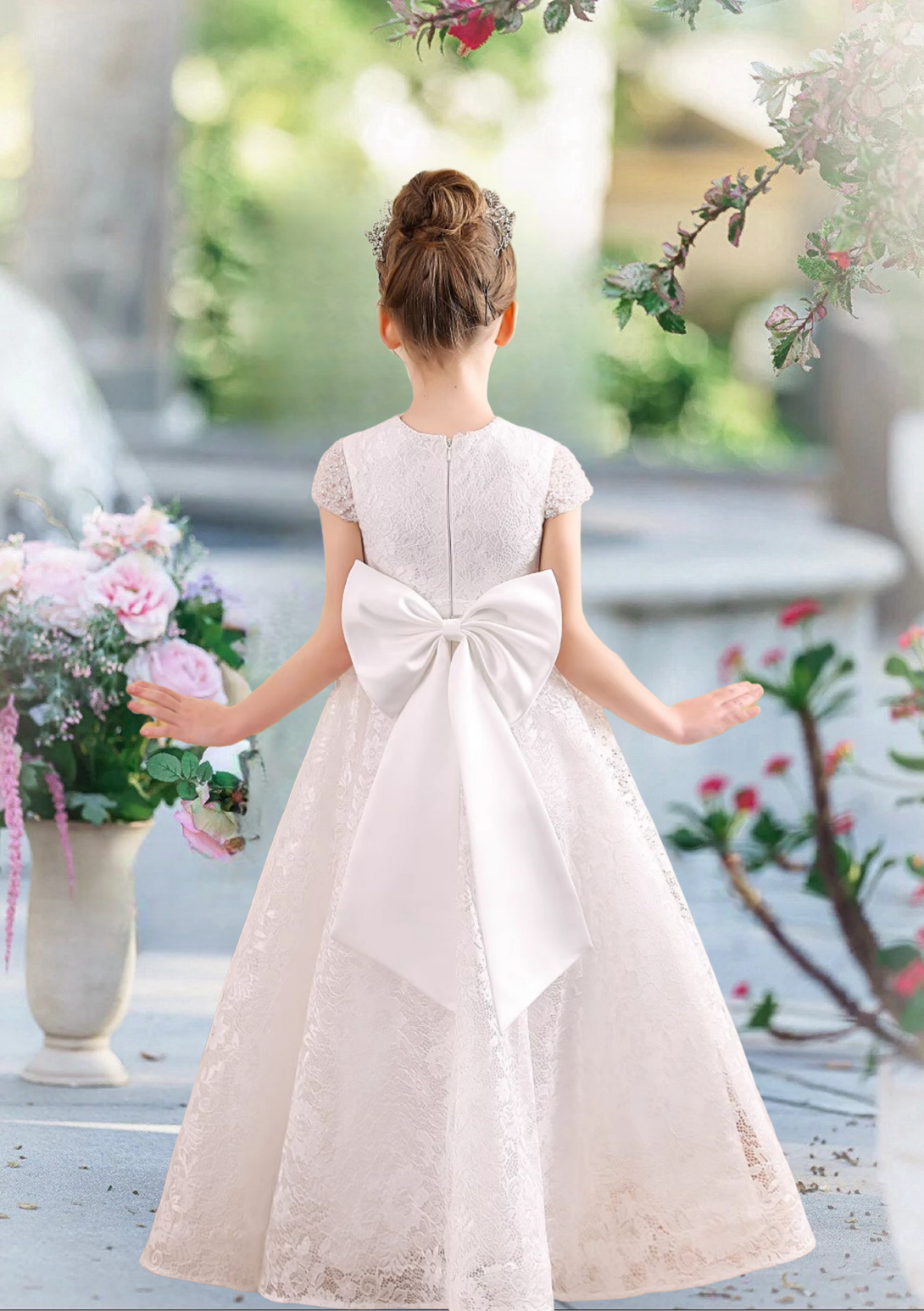 First Communion Dresses Scoop Neck Short Sleeve Floor-Length Lace/Satin Flower Girl Dresses With Bow Girls Gidiondress