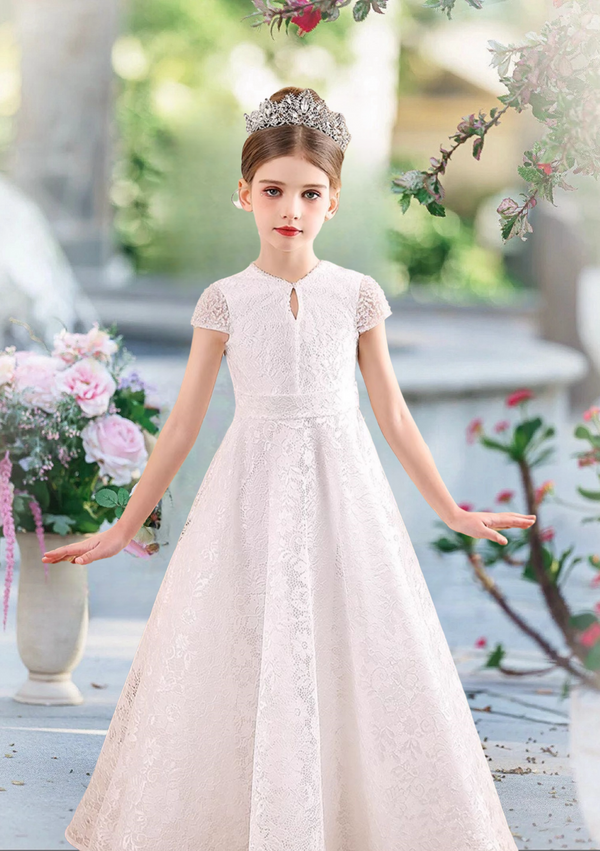 First Communion Dresses Scoop Neck Short Sleeve Floor-Length Lace/Satin Flower Girl Dresses With Bow Girls Gidiondress