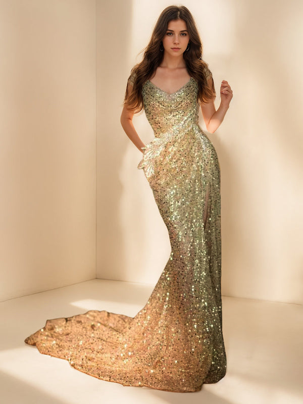 Mermaid Sparkly Sequin Sweep Train V-Neck Evening Gown With Sequins/Ruched BabaMila