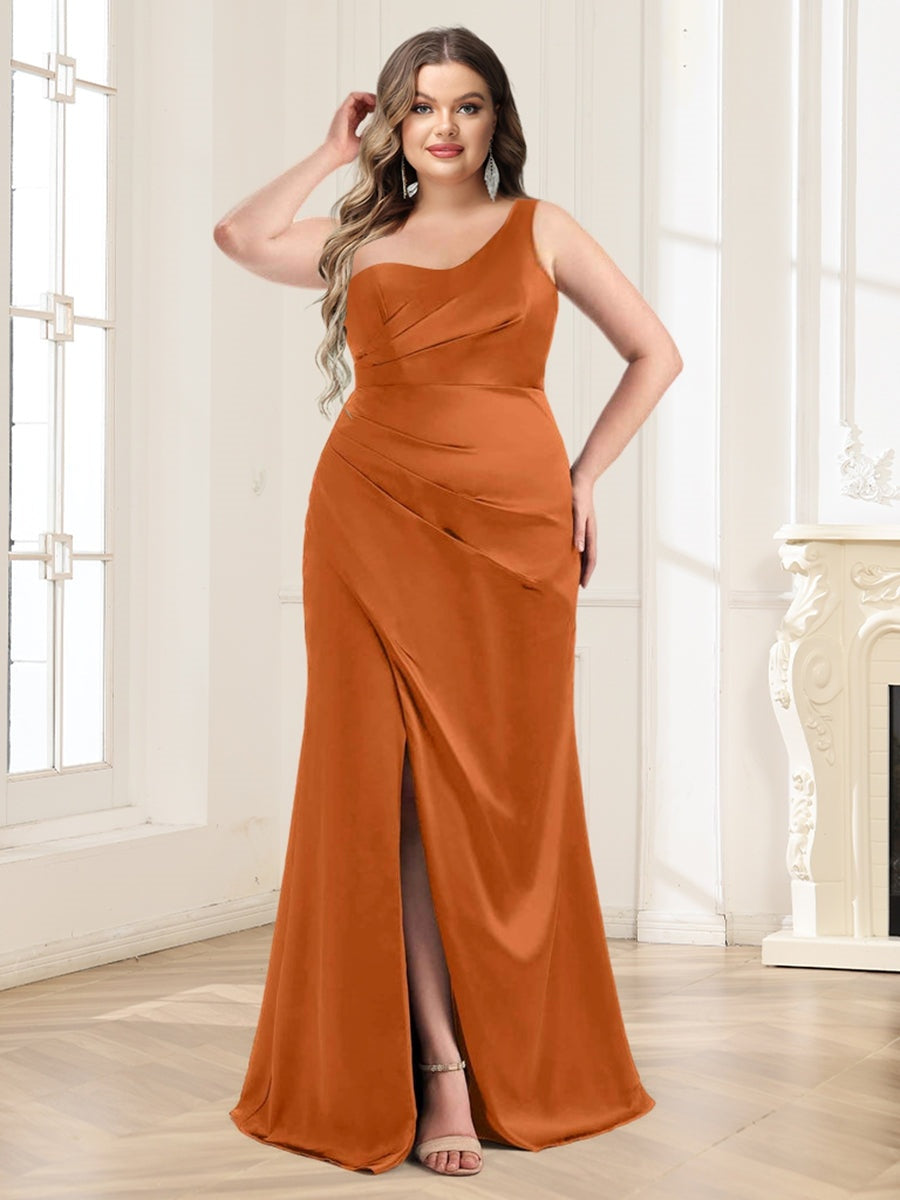 Trumpet/Mermaid One-Shoulder Floor-Length Plus Size Ruched Bridesmaid Dresses BabaMila