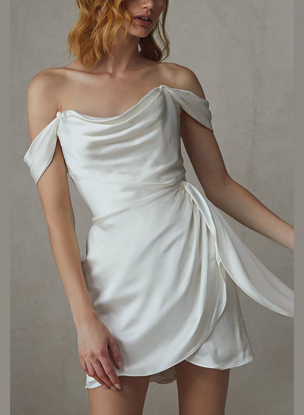 Sheath/Column Off-the-Shoulder Mini Wedding Dress With Ruched/Watteau Train BabaMila