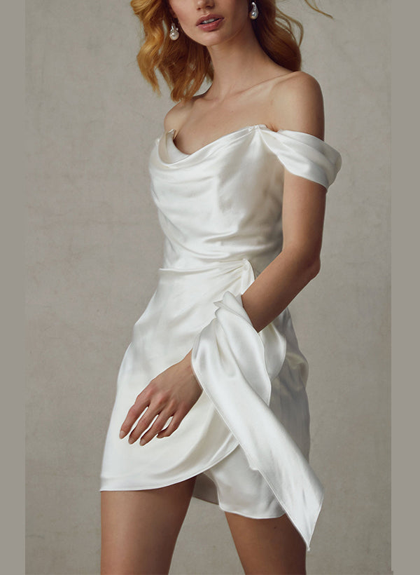 Sheath/Column Off-the-Shoulder Mini Wedding Dress With Ruched/Watteau Train BabaMila