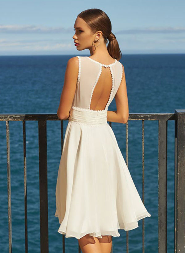 A-Line/Princess V-Neck Knee-Length Wedding Dress With Pearl/Pleated BabaMila