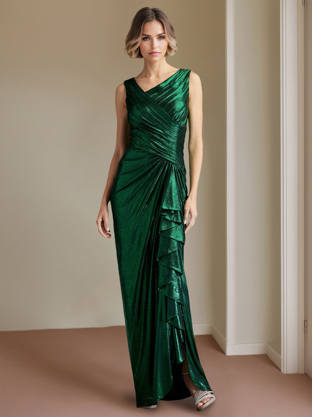 Sheath/Column Asymmetrical Floor-Length Long Bridesmaid Dresses With Cascading Ruffles/Pleated BabaMila