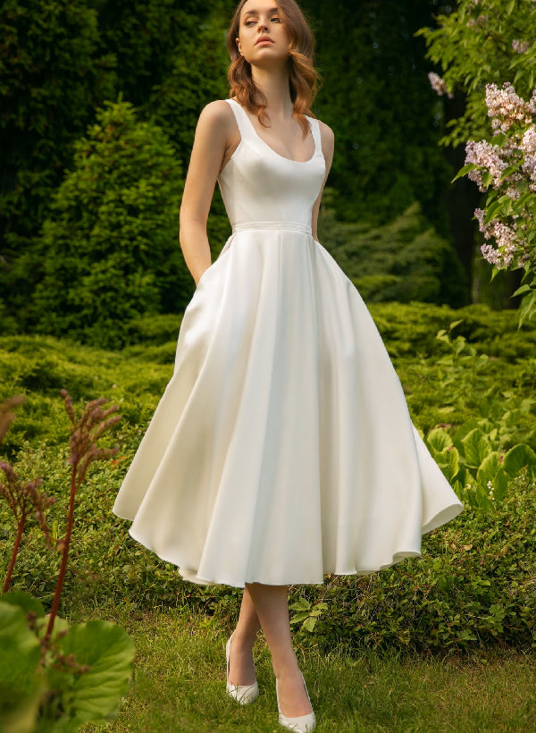 A-Line/Princess Round Neck Tea-Length Wedding Dress With Pockets BabaMila