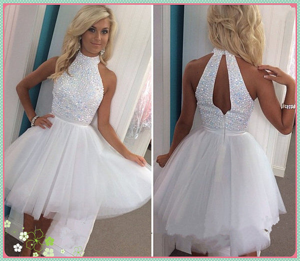 Homecoming Dress Sexy White Halter Tulle Short Prom Dress Party Dress Homecoming Dress BabaMila