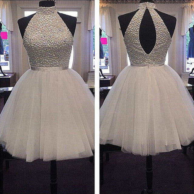 Homecoming Dress Sexy White Halter Tulle Short Prom Dress Party Dress Homecoming Dress BabaMila