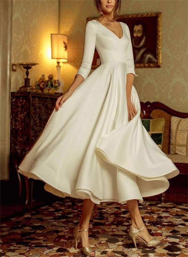 A-Line/Princess V-Neck 3/4 Sleeves Tea-Length Wedding Dress BabaMila