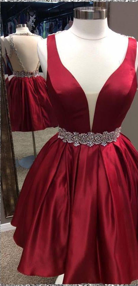 Homecoming Dress V-neck Backless Burgundy Short Prom Dress Party Dress Homecoming Dress BabaMila