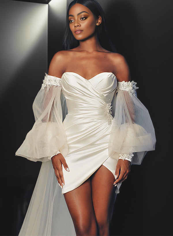 Sheath/Column Sweetheart Neck Segmented Sleeves Mini Lace Wedding Dress With 3D Flower BabaMila