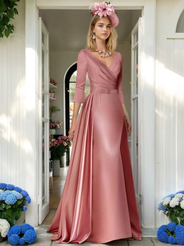 A Line/Princess V-Neck 3/4 Length Sleeves Floor-Length Mother of the Bride Dresses with Pleats, Ruching & Ruched BabaMila