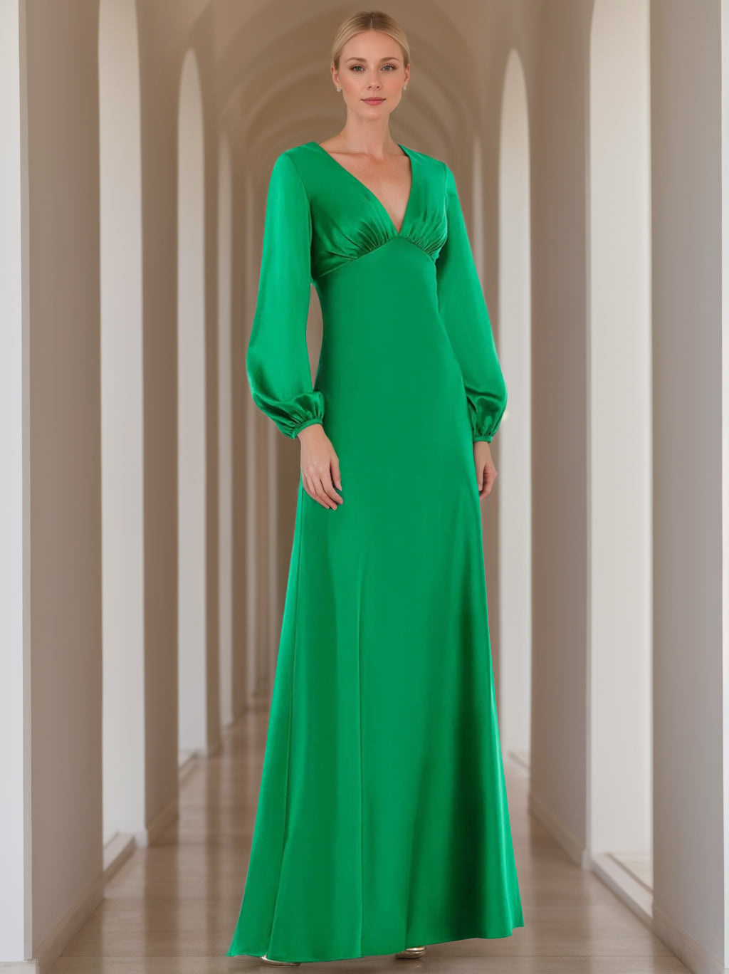 A-Line/Princess V-Neck Long Sleeves Floor-Length Mother Of The Bride Dresses With Ruffles BabaMila