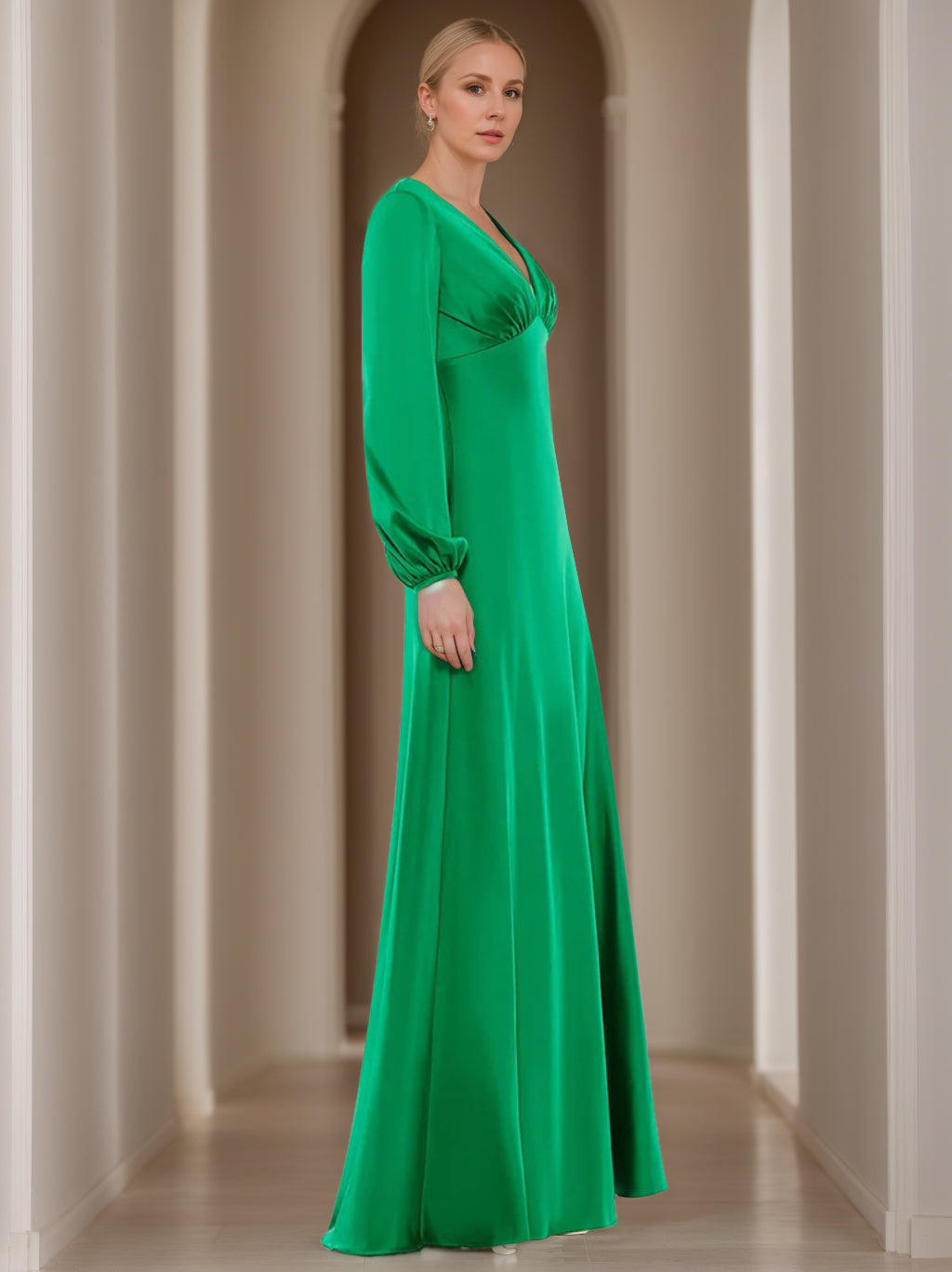 A-Line/Princess V-Neck Long Sleeves Floor-Length Mother Of The Bride Dresses With Ruffles BabaMila