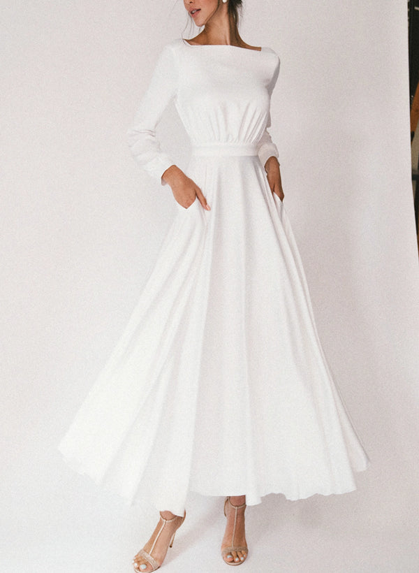 A-Line/Princess Long Sleeves Chiffon Square Tea-Length Wedding Dress BabaMila