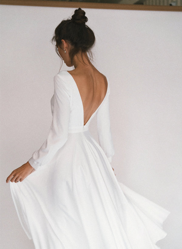 A-Line/Princess Long Sleeves Chiffon Square Tea-Length Wedding Dress BabaMila